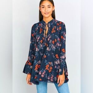 2/$30 Free People Boho So Fine Smocked Floral Long Sleeve Tunic Top SZ XS